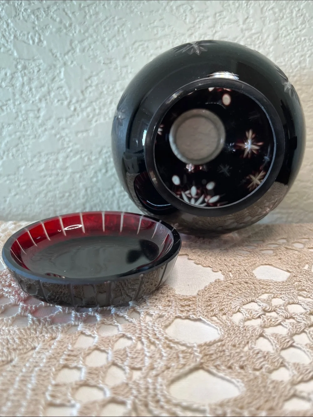 Bohemian Czech Ruby Cut to Clear Crystal Covered Globe Candle Holder 5”